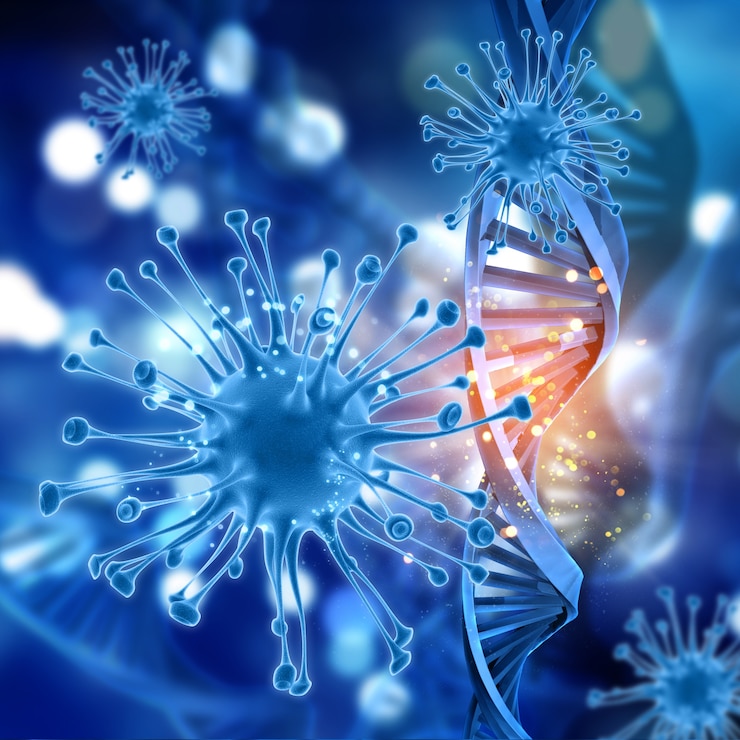 Foto gratuito il rendering 3d di un background medico con le cellule di virus e filamenti di dna
