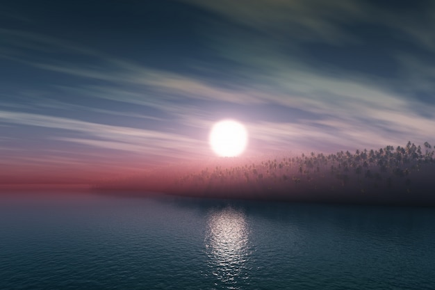 Il rendering 3D di un isola palma contro un cielo nebbioso tramonto