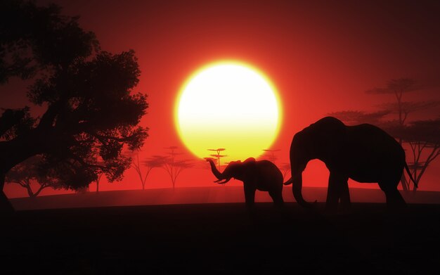 Il rendering 3D di un paesaggio africano con gli elefanti al tramonto