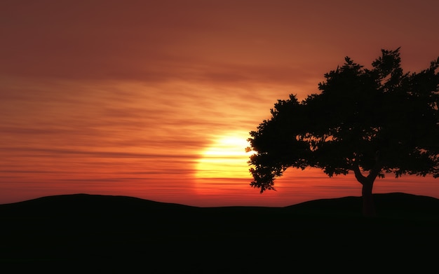 Il rendering 3D di un paesaggio al tramonto con la silhouette di un albero di acero