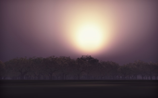 Il rendering 3D di un paesaggio albero contro il cielo al tramonto