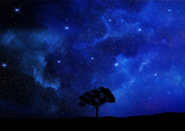 Il rendering 3D di un paesaggio albero si staglia contro un cielo notturno