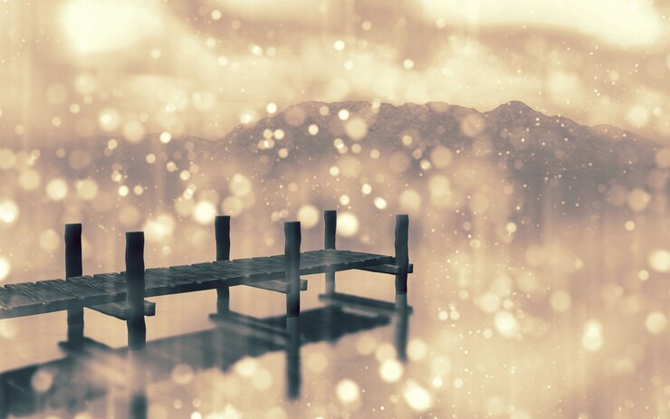 Foto gratuito il rendering 3d di un paesaggio con molo con effetto della luce del bokeh