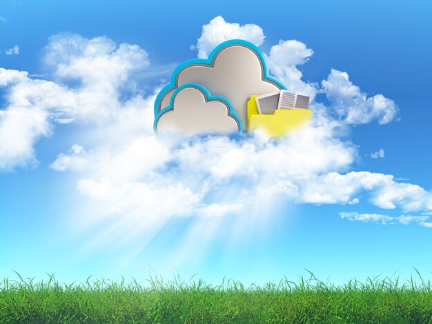 Il rendering 3D di un paesaggio erba con un concetto di cloud storage