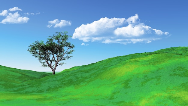 Il rendering 3D di un paesaggio erboso con l&#39;albero