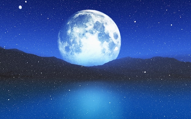 Il rendering 3D di un paesaggio innevato con un cielo illuminato dalla luna