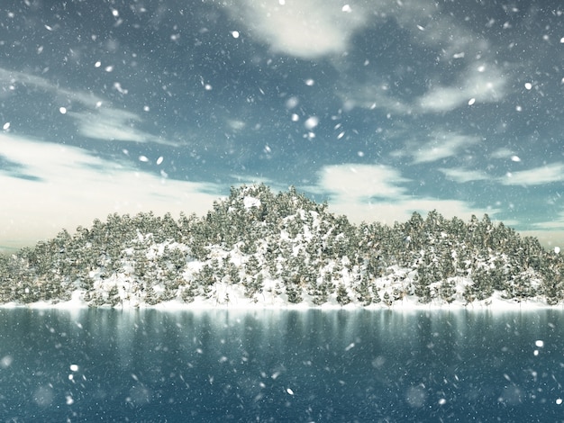 Il rendering 3D di un paesaggio invernale con gli alberi di Natale