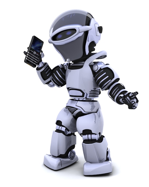 Il rendering 3D di un robot carattere servivano un telefono intelligente