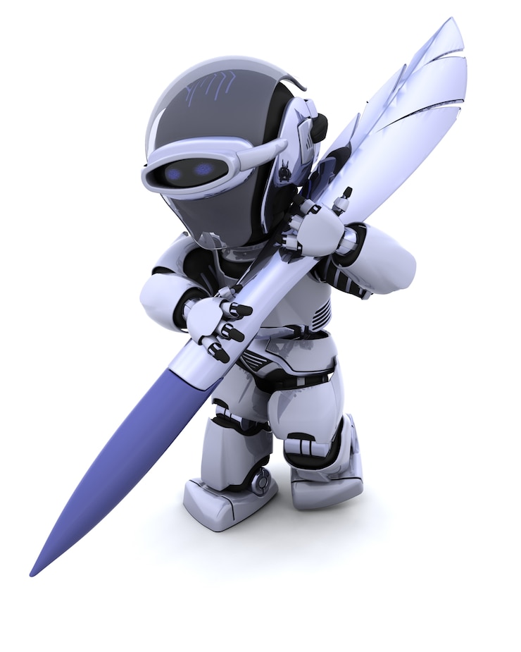 Foto gratuito il rendering 3d di un robot di scrittura con la penna