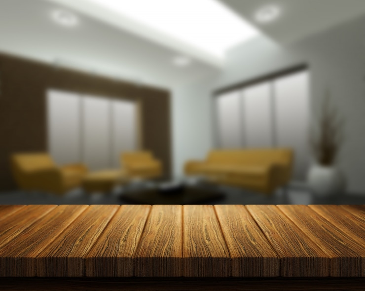 Foto gratuito il rendering 3d di un tavolo di legno con interni stanza in background