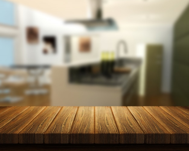Il rendering 3D di un tavolo di legno con una cucina in background
