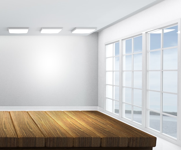 Il rendering 3D di un tavolo in legno con camera bianca vuota in background