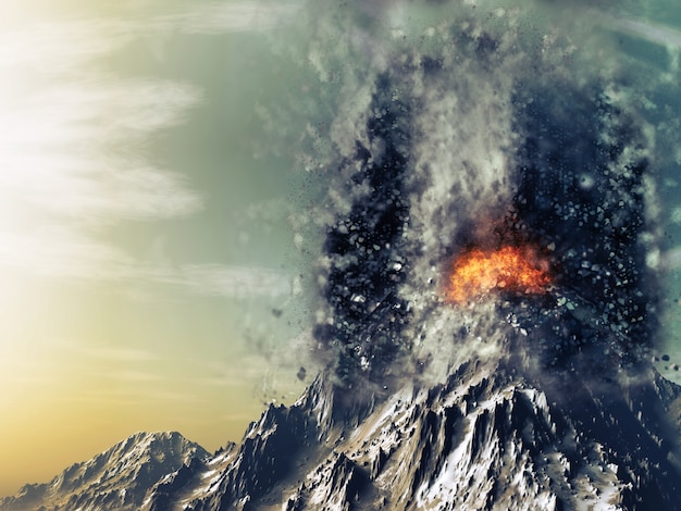 Il rendering 3D di un vulcano in eruzione