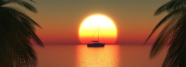 Il rendering 3D di una barca sul un tramonto sull&#39;oceano
