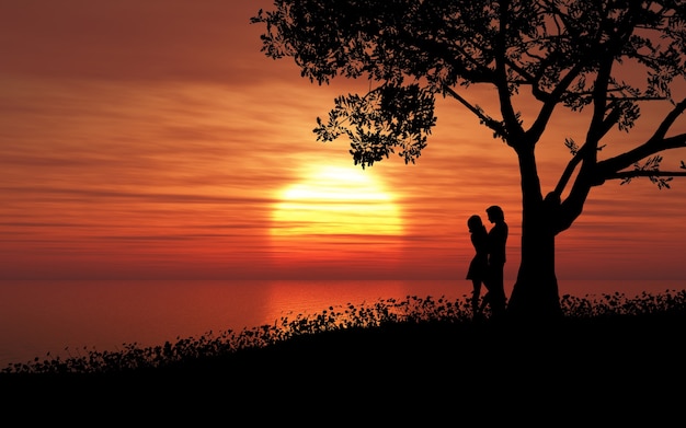 Il rendering 3D di una coppia con il sole che tramonta sopra l&#39;oceano