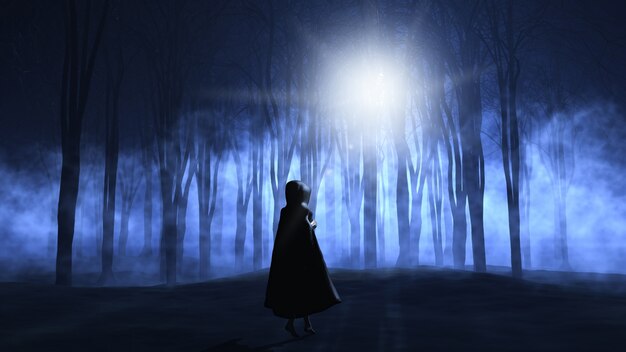 Il rendering 3D di una femmina in mantello a piedi in un bosco spettrale nebbiosa