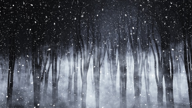 Il rendering 3D di una foresta nebbiosa spettrale in una notte nevosa