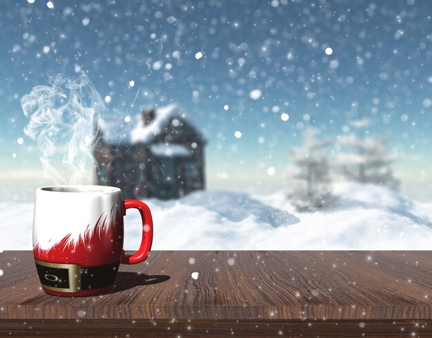 Il rendering 3D di una tazza di Natale su un tavolo un&#39;immagine defocussed di casa innevato con alberi e casa con