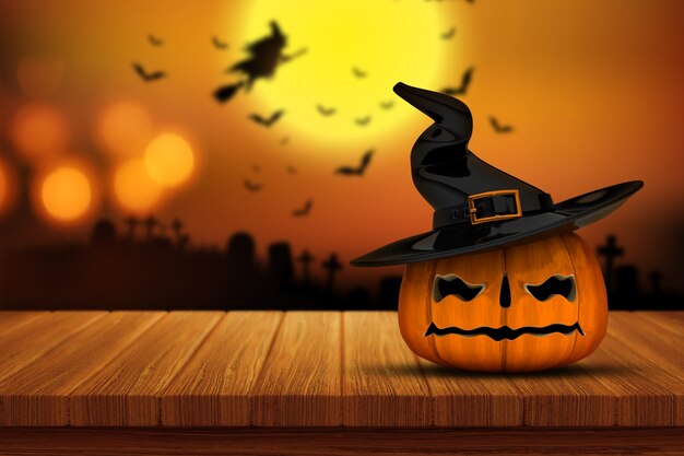Il rendering 3D di una zucca di Halloween su un tavolo di legno un'immagine spettrale cimitero defocussed in background con