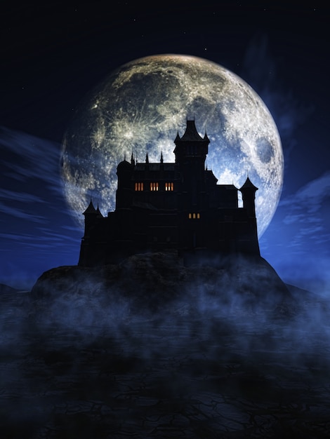 Il rendering 3D di uno sfondo di Halloween con un castello spettrale