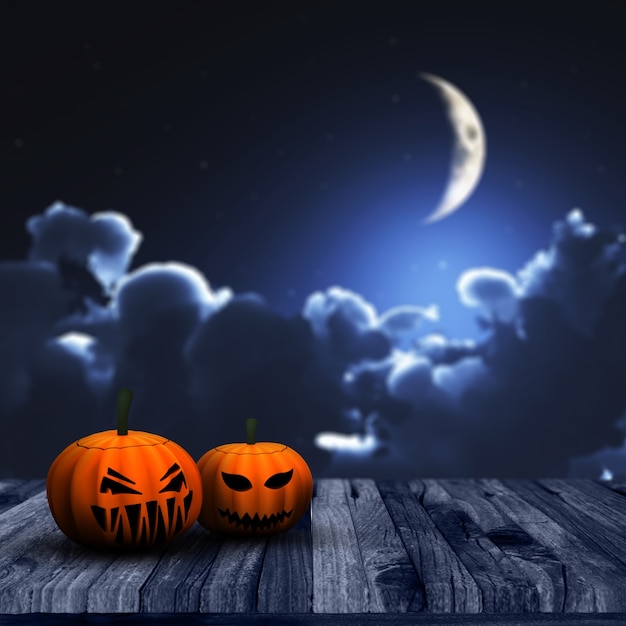 Il rendering 3D di uno sfondo di Halloween con zucche su un piano di calpestio in legno con cielo notturno Sfocato