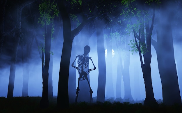 Il rendering 3D di uno sfondo di Halloween di uno scheletro in una foresta nebbiosa