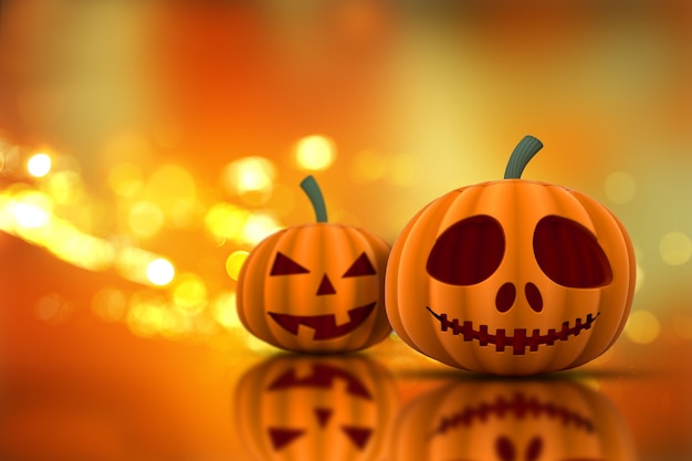 Il rendering 3D di zucche di Halloween su uno sfondo luci bokeh