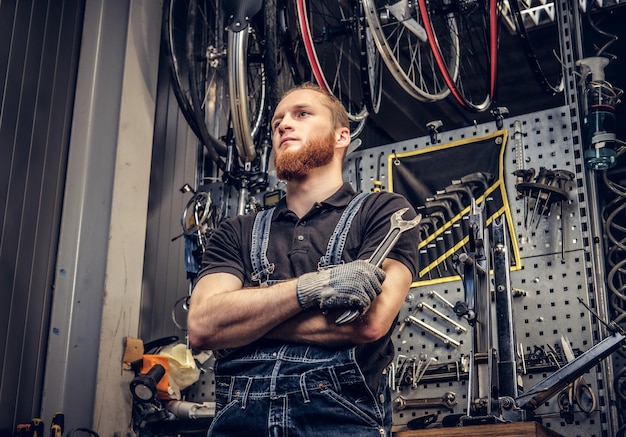 Il ritratto di un meccanico di biciclette barbuto con le braccia incrociate tiene la chiave della tazza sullo sfondo del supporto degli attrezzi in un'officina.