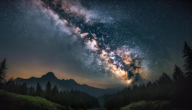 Il sentiero stellare illumina la maestosa vetta della montagna di notte generata dall'IA