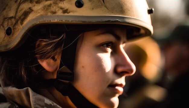 Il soldato dell'esercito in casco protegge la bellezza della natura generata dall'intelligenza artificiale