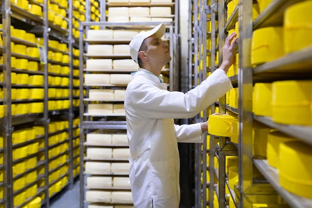 Il tecnologo con il formaggio tra le mani effettua un'ispezione della produzione pronta presso il dipartimento del caseificio