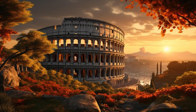 Il tramonto illumina antiche rovine che mostrano la cultura italiana generata dall'intelligenza artificiale