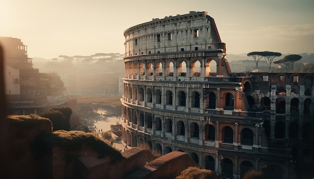 Il tramonto illumina antiche rovine nel paesaggio urbano italiano generato dall'intelligenza artificiale