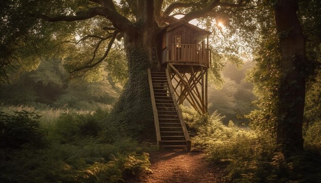 Il tramonto illumina la capanna abbandonata nella foresta spettrale generata dall'intelligenza artificiale