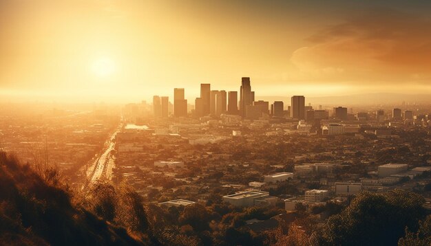 Il tramonto illumina lo sfondo panoramico della natura dello skyline della città generato dall'intelligenza artificiale