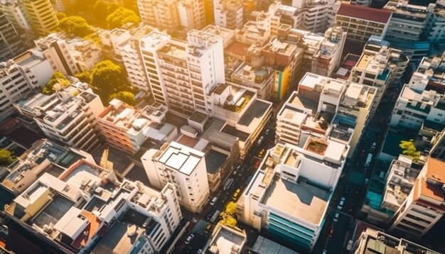 Il tramonto illumina lo skyline della città moderna in alto sopra il traffico stradale affollato generato dall'intelligenza artificiale