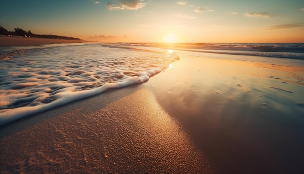 Il tramonto sul tranquillo paesaggio marino è un vibrante astratto generato dall'intelligenza artificiale