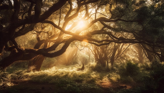 Il tramonto sulla bellezza inquietante della foresta autunnale circonda generato dall'intelligenza artificiale