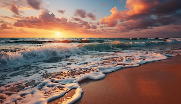 Il tramonto sulla tranquilla costa, la bellezza della natura riflessa nell'acqua generata dall'intelligenza artificiale