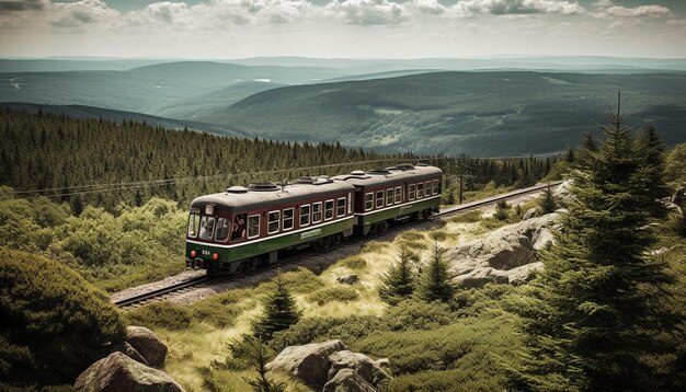 Il treno a vapore accelera attraverso la bellezza del paesaggio montano generato dall'intelligenza artificiale