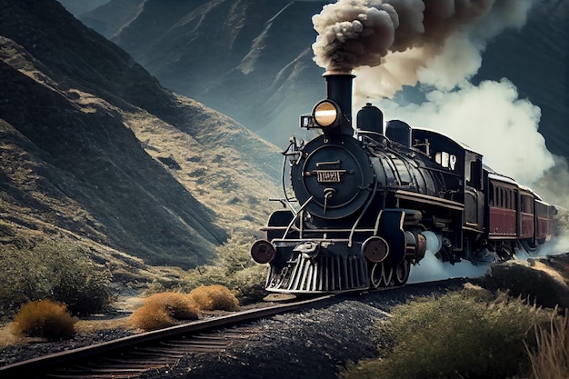 Il treno a vapore sbuffa attraverso l'intelligenza artificiale generativa della scena della foresta di montagna