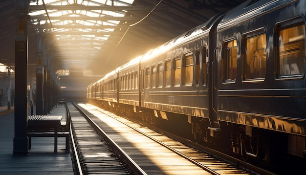 Il treno passeggeri accelera attraverso il punto di fuga della città generato dall'intelligenza artificiale