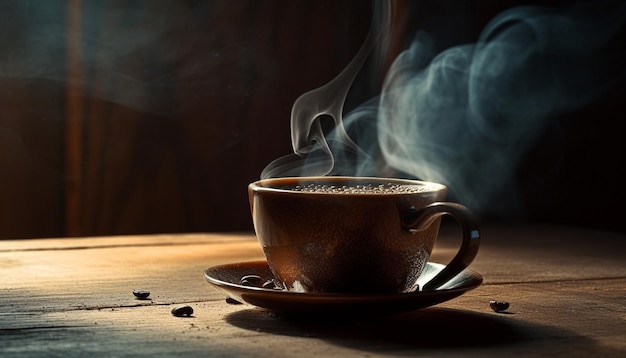 Il vapore scuro della moka riempie la tazza di caffè rustica generata dall'intelligenza artificiale