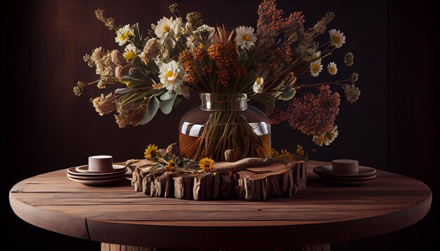 Il vaso di fiori rustico decora il tavolo da interno in legno generato da AI