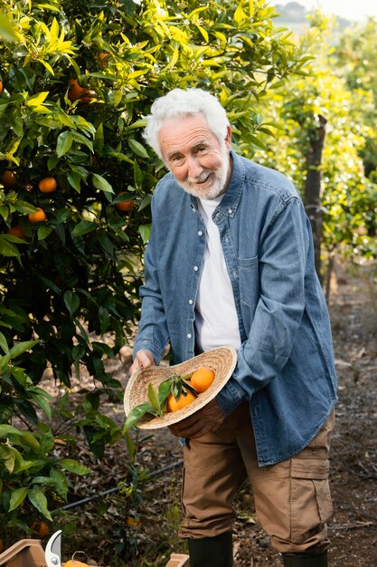 Il vecchio uomo in piedi accanto ai suoi alberi di arancio all'aperto