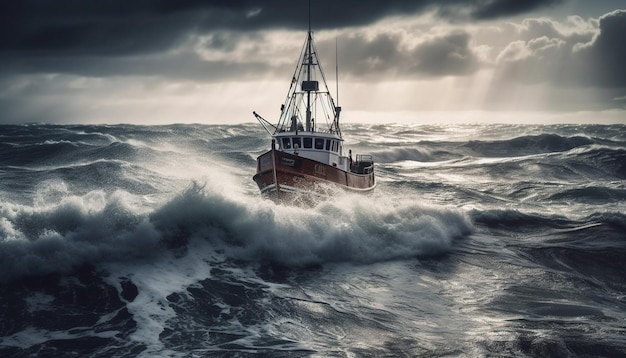 Il veliero sfida i mari in tempesta con merci industriali generate dall'intelligenza artificiale