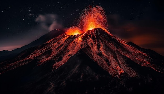 Il vulcano in eruzione erutta fiamme e fumo all'aperto generati dall'intelligenza artificiale