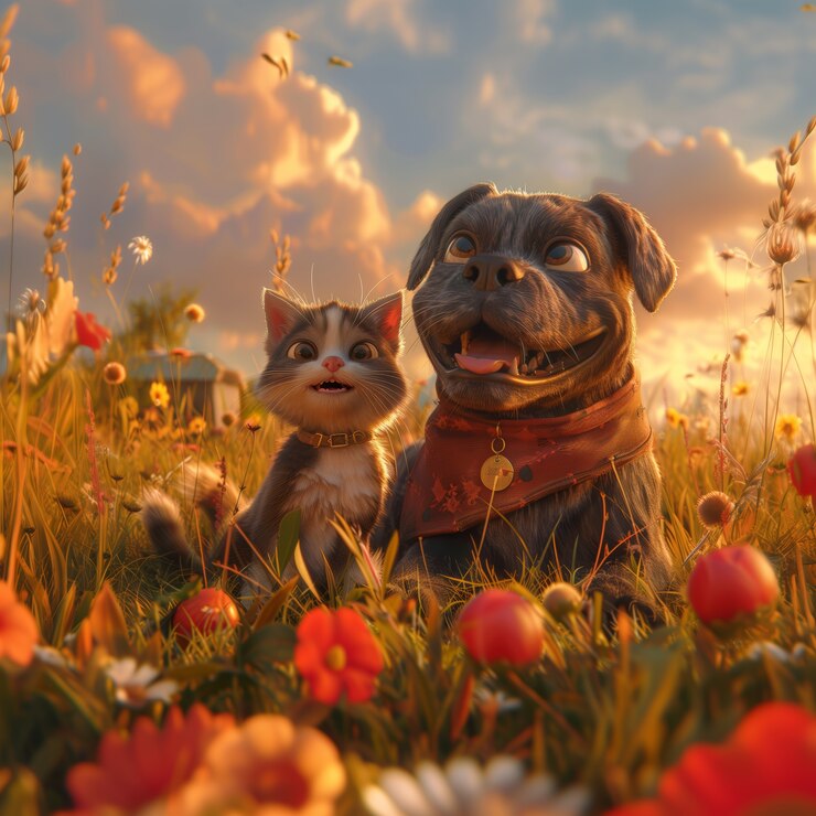 Foto gratuito illustrazione 3d che mostra l'amicizia tra gatti e cani