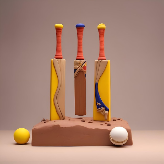 Illustrazione 3d di mazze e palline da cricket Vista dall'alto
