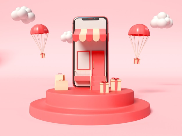 Illustrazione 3D di Smartphone con un negozio sullo schermo e con scatole regalo su un lato